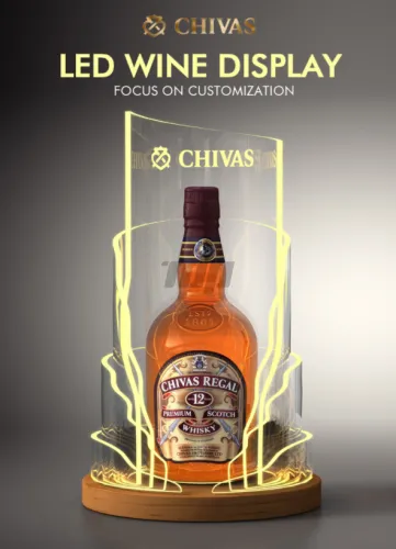 Chivas Regal whiskey bottle on illuminated LED display shelf
