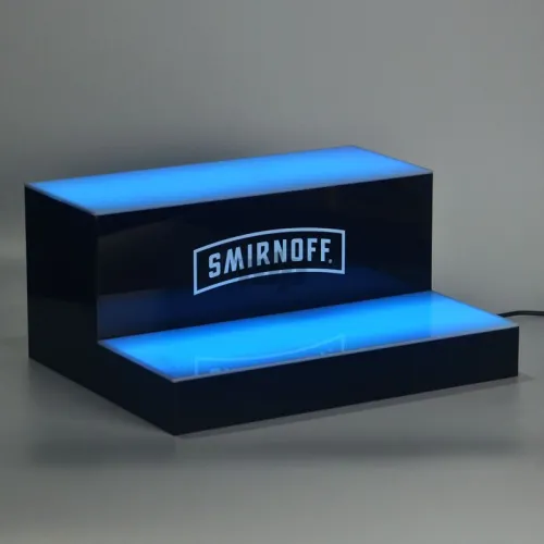 2 - tier blue light up liquor display stand Smirnoff vodka branded merchandising rack