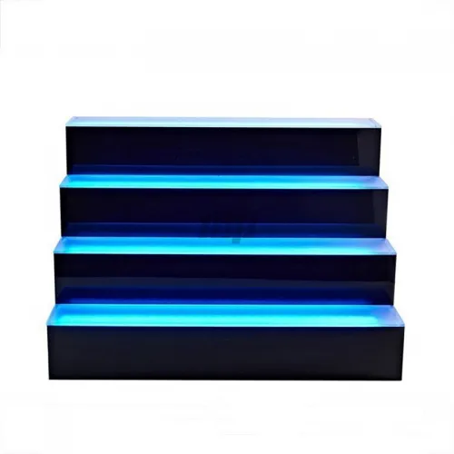 4 - tier blue LED illuminated step display rack premium bar merchandising fixture