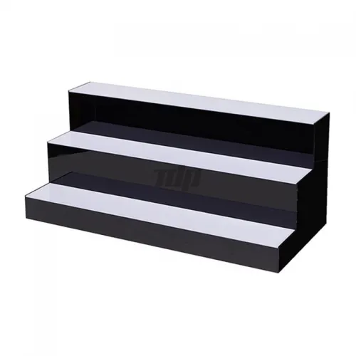 3 - tier black step display rack non - illuminated bar product merchandising fixture