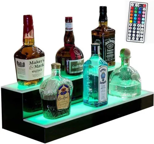 2-tier remote-controlled RGB LED light up liquor display stand for Maker's Mark/Jack Daniel's spirits bar showcase