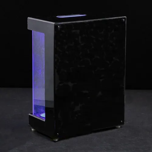 LED illuminated VIP liquor display case - black acrylic wine holder with purple-emergency green lighting for high-end venues