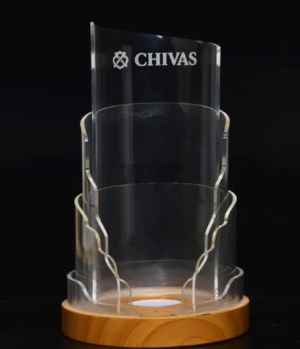 Clear acrylic Chivas LED bottle presenter with wooden base