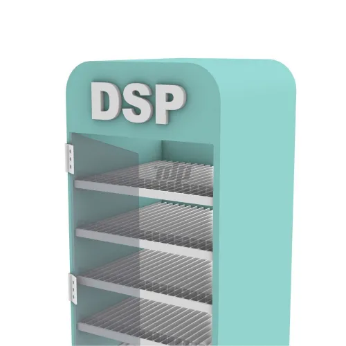 Close-up of DSP logo on teal cigarette display rack