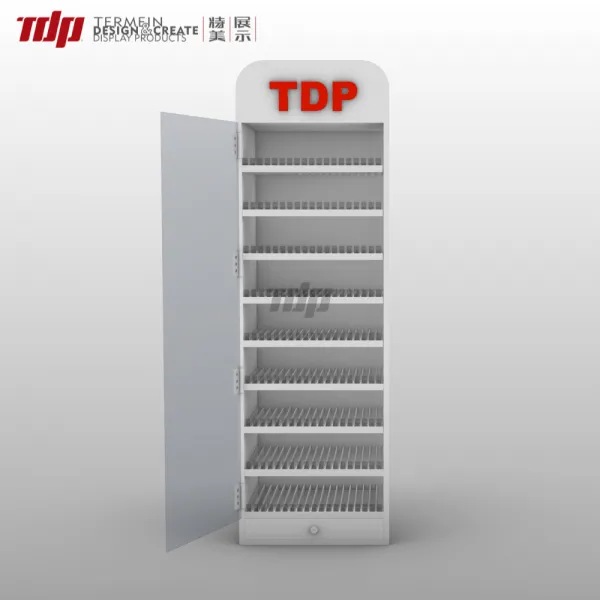 White TDP tobacco display shelf with open door & bottom drawerront view)