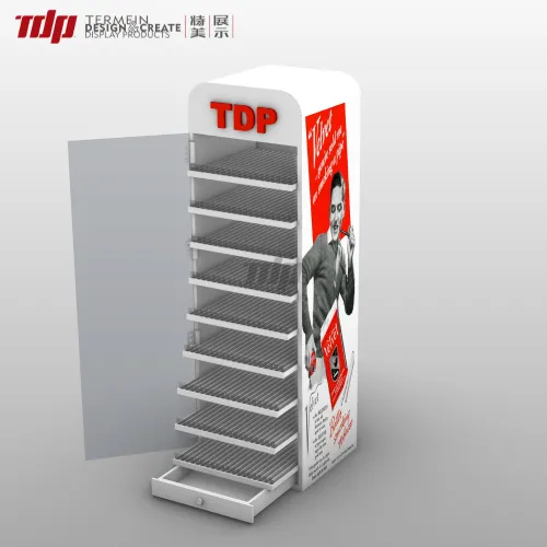Angled view of TDP tobacco display unit with advertising graphic