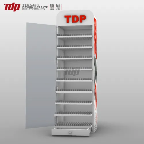 Open-door TDP tobacco display unit with multiple shelves (front view)