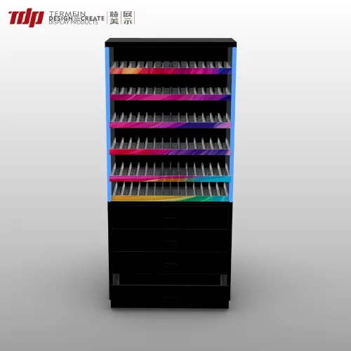 Front view of 4-side illuminated tobacco display rack with LED lighting