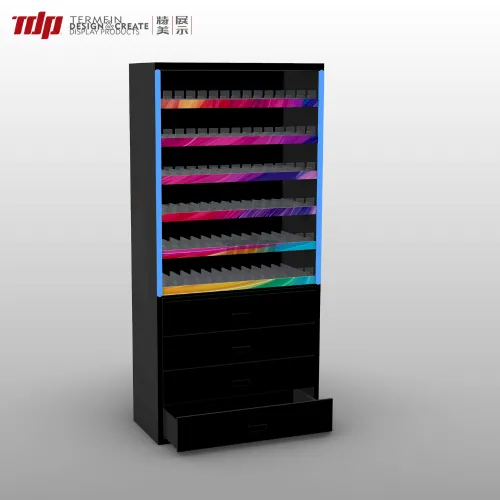 Close-up of glowing LED strip on illuminated tobacco display shelf