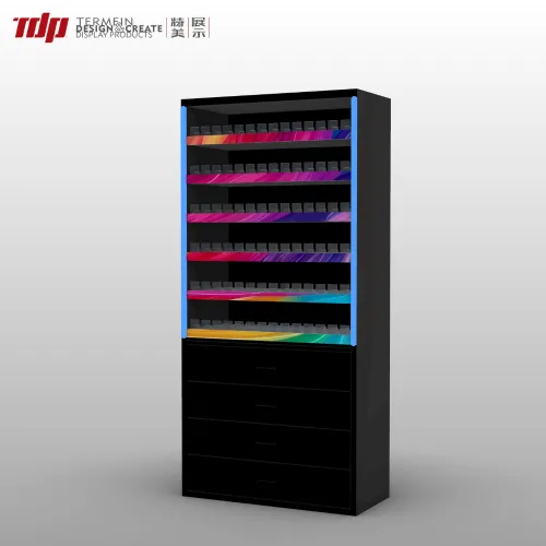 Full view of commercial 4-side glow tobacco display fixture for smoke shops