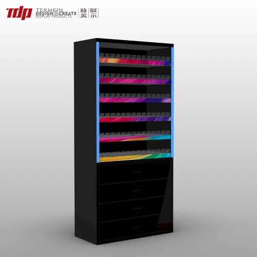 Side view of illuminated tobacco display rack with adjustable shelves