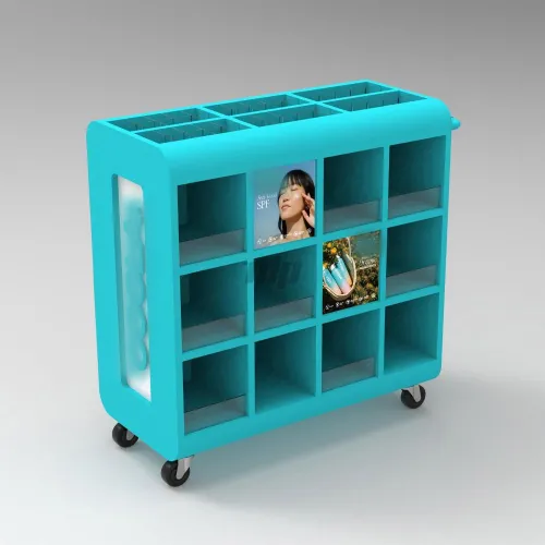 M1003 Metal Mobile Cosmetic Display Cart - Rolling Retail Makeup & Skincare Shelving Unit