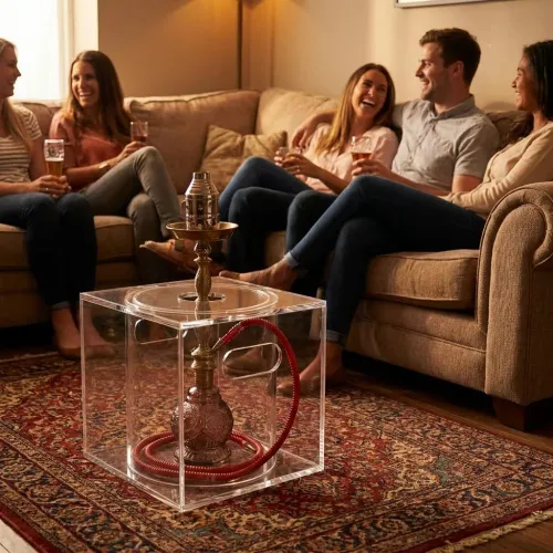 Hookah display box for home lounge decor, showcasing hookah in living room