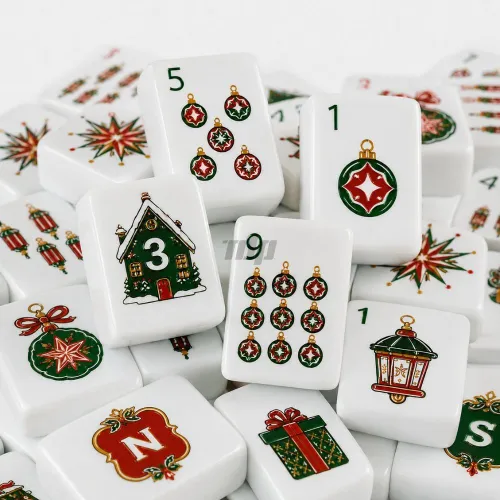 Christmas themed acrylic mahjong tiles, cabin, bauble and lantern print