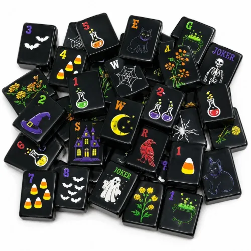 Halloween themed black acrylic mahjong tiles, witch & skull custom pattern blocks
