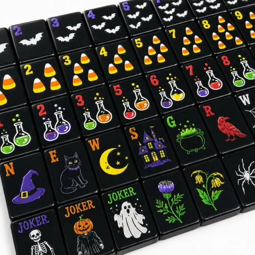 Wholesale black acrylic Halloween mahjong tiles, numbered festive pattern tiles