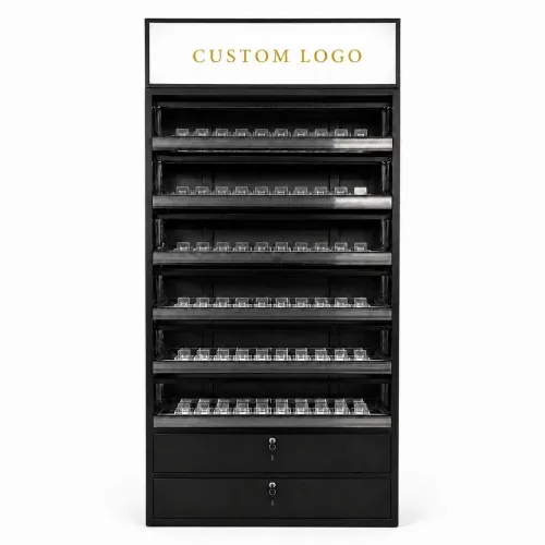 cigarette display cabinet with pull-out shelves and LED lighting