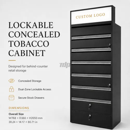 custom floor-standing cigarette display cabinet with lockable doors