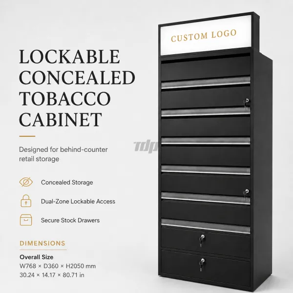 custom floor-standing cigarette display cabinet with lockable doors