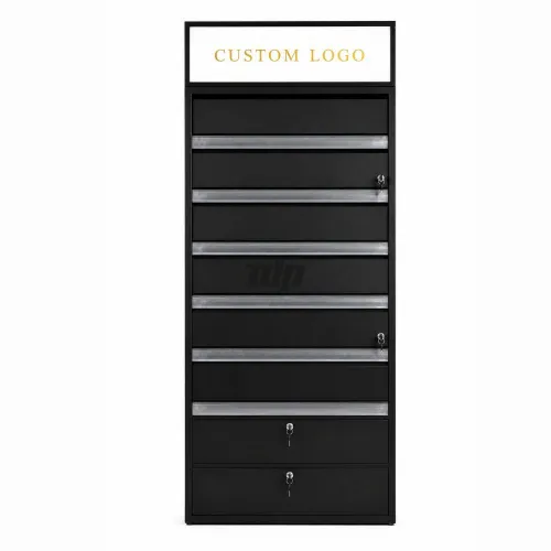 lockable tobacco display cabinet with illuminated top sign