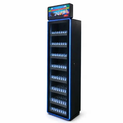 metal cigarette display cabinet with LED header and pusher shelves