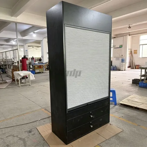 floor standing wooden tobacco display cabinet with roller shutter