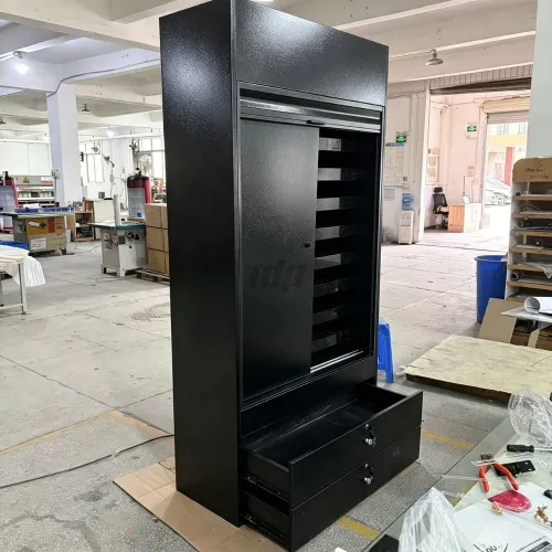 tobacco display cabinet with lockable lower storage drawers