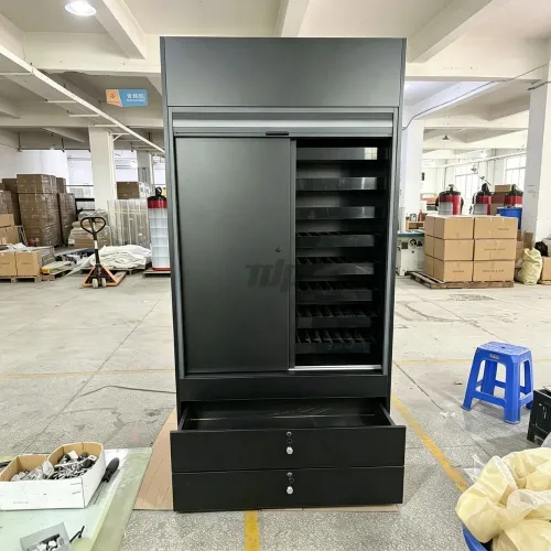 wooden cigarette cabinet with pull-out merchandising trays