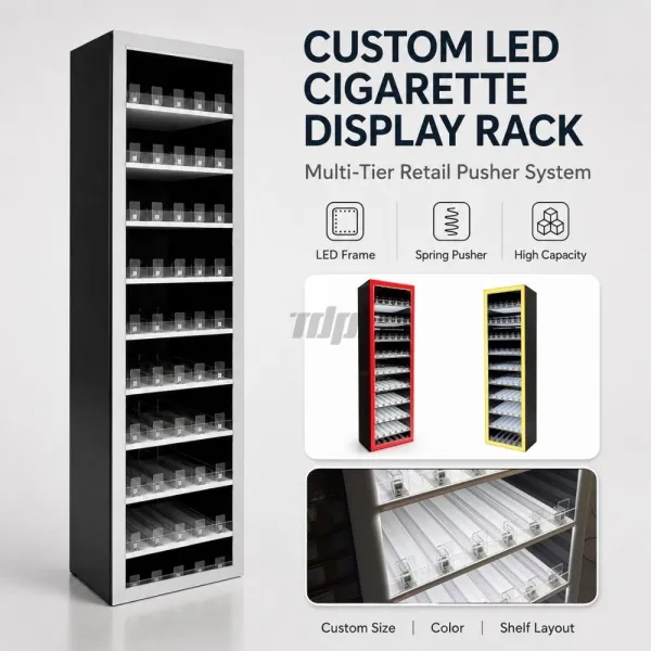 custom acrylic cigarette display rack with RGB lighting and pushers