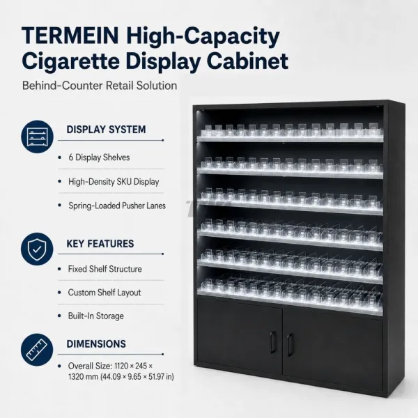 custom metal cigarette display cabinet with LED shelves