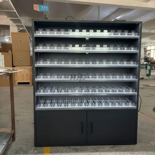 open metal cigarette display cabinet with white shelf lighting