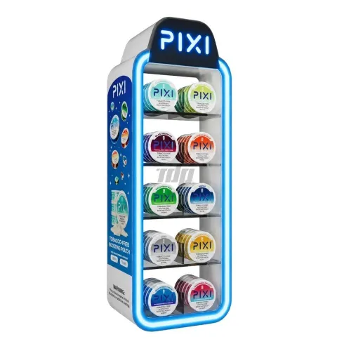 acrylic snus pouch display with five product shelves