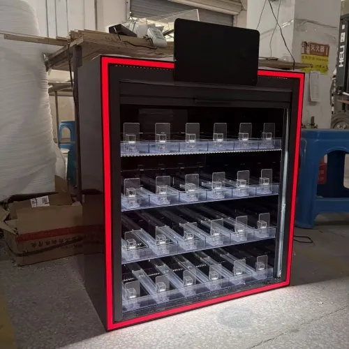 retail snus display cabinet with roller shutter and internal shelf lighting