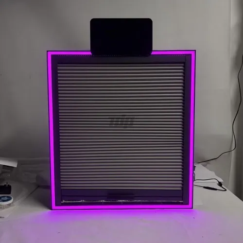 closed nicotine pouch display cabinet with RGB frame lighting